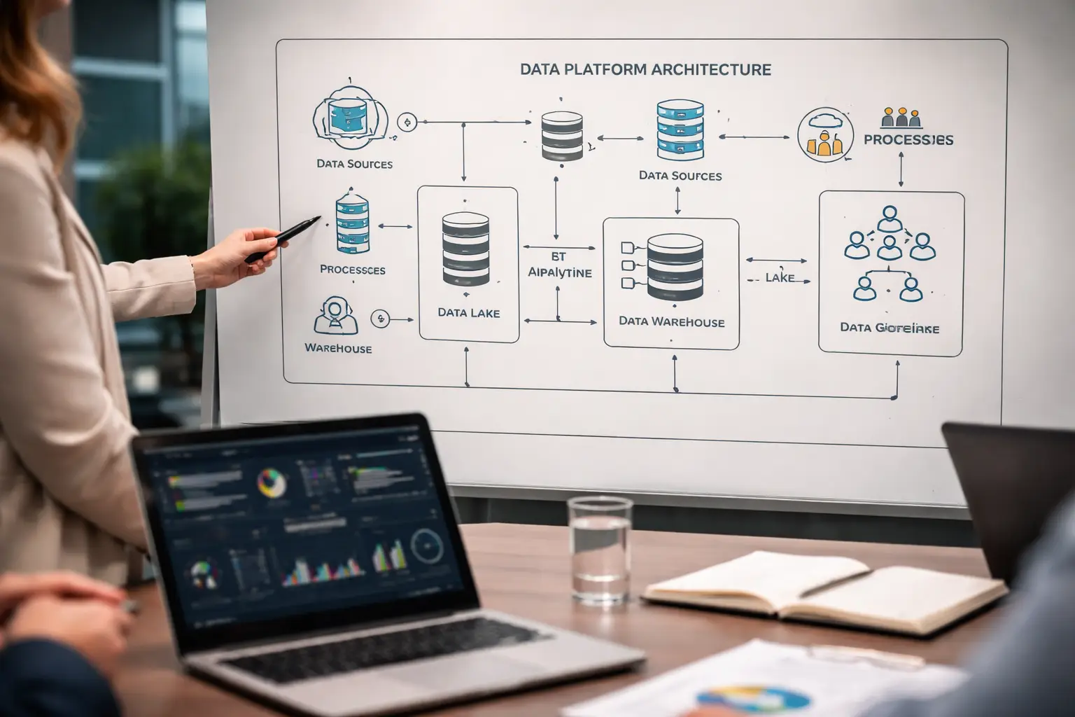 A professional female showing a Data Strategy and Architecture diagram for companies via BASE Data Advisory services.