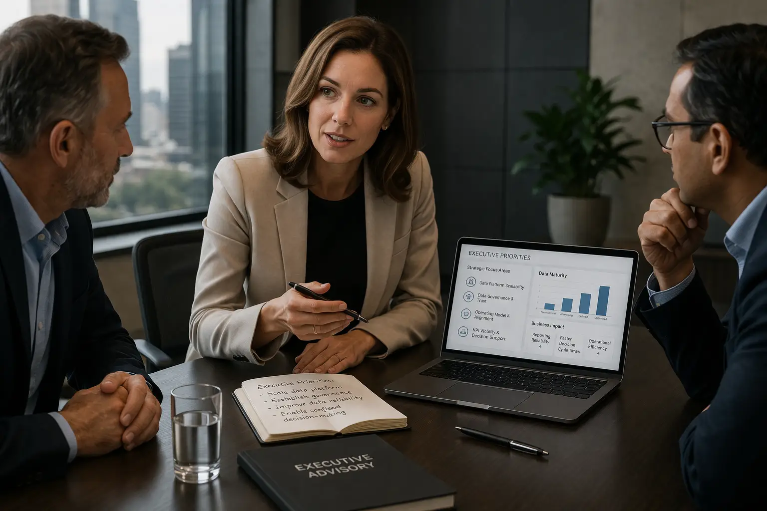 Professional female executive leading a strategic advisory discussion, representing executive advisory services through BASE Data Advisory.